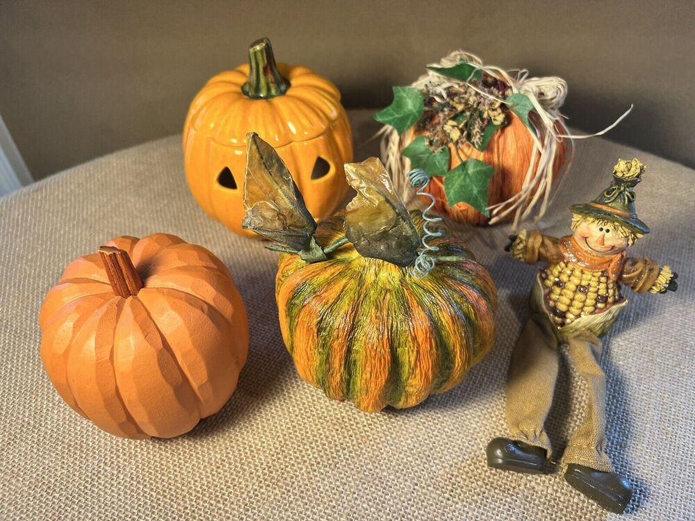 Fall Autumn Halloween Pumpkins (4) and Scarecrow Vintage Home Decor--Lot of 5